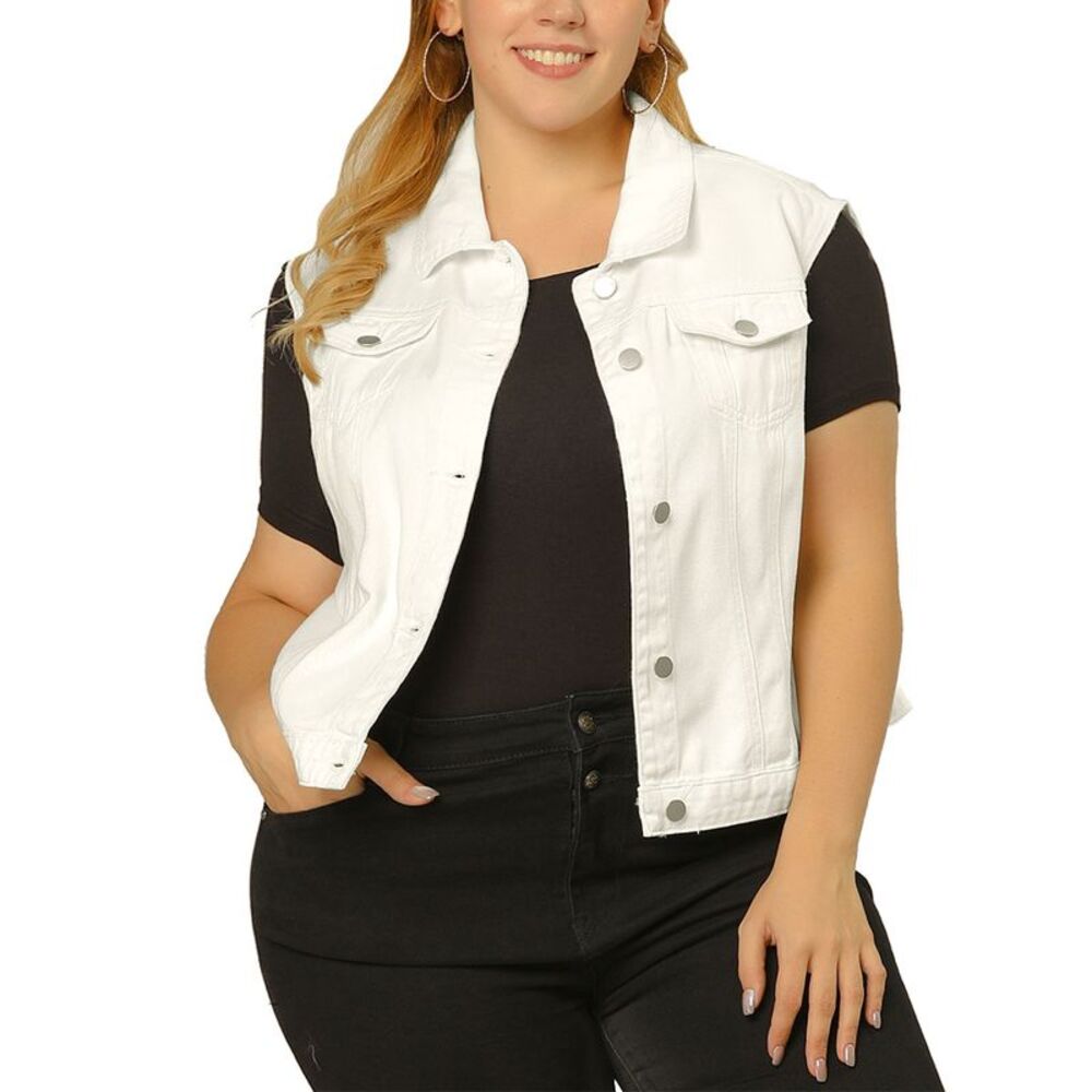 Women's Plus Size Buttons Denim Vest with Two Chest Flap Pockets Jackets White